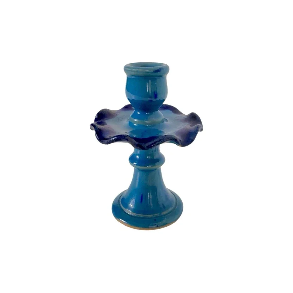 Handmade Vintage Blue Ceramic Studio Pottery Candlestick Ruffled Scalloped Taper